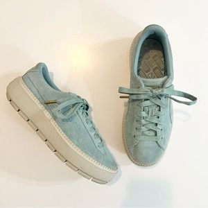 Puma Platform Trace Women’s Sneakers Teal Blue Leather Suede Shoes Gold Size 9